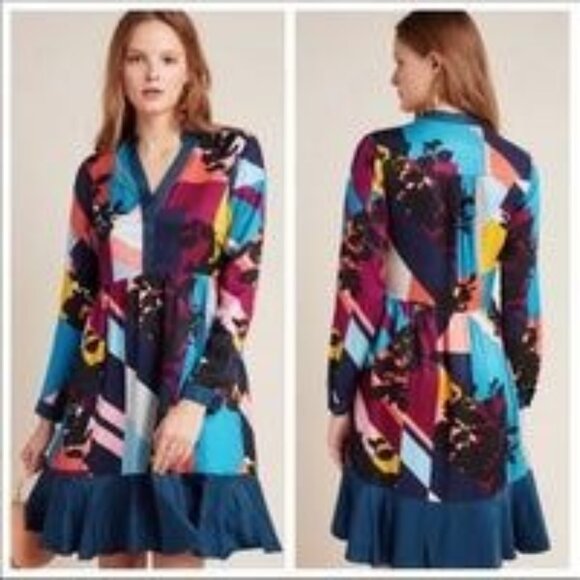 Maeve Size S Blue Yellow Pink Gillian Abstract Button Down Shirt Dress - Picture 1 of 7